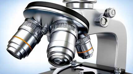 Obraz premium Detailed close-up view of a modern microscope with multiple objective lenses in a laboratory setting