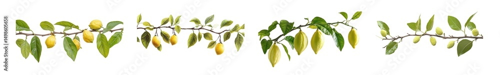 Poster set of close-up view of small fruits and leaves on a branch. isolated on transparent background
