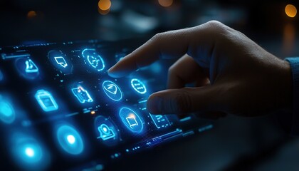 Business Technology Concept: Team Touching Social Media Icons on Virtual Screen with Blue Button in Dark Background, Digital Marketing and HR Management 