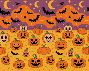 Fototapeta premium halloween seamless pattern, halloween, pumpkin, vector, autumn, pattern, illustration, seamless, orange, set, holiday, icon, october, celebration, design, cartoon, horror, spooky, fun, face, art, seas