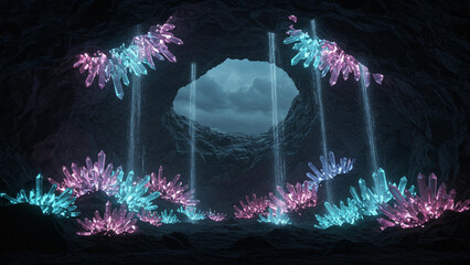 Enchanted Crystal Cavern Illuminated by Magical Light Beams from the Sky