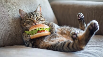 A cat lounging with its back arched on the sofa, holding a burger between its paws.