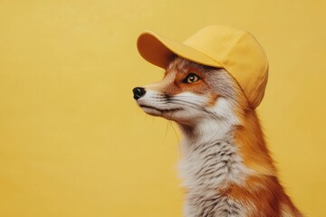 Adorable Fox in a Yellow Cap Against a Vibrant Yellow Background A charming wildlife portrait showcasing a cute fox wearing a stylish hat, perfect for branding or design projects.