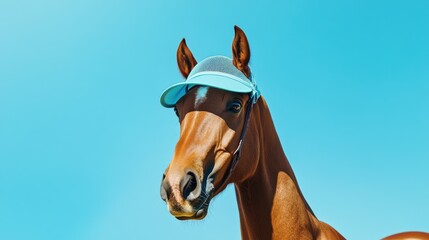 A chestnut horse playfully wears a light blue baseball cap against a vibrant blue sky showcasing equine fashion and summer vibes.