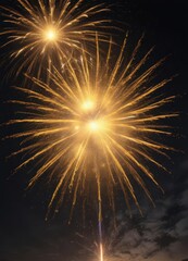 Radiant yellow fireworks explode against a deep night sky, vibrant and intense ,  atmospheric,  explosion