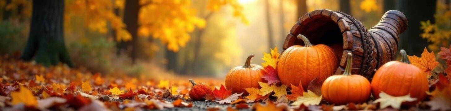 Vibrant fall foliage with pumpkins and overflowing cornucopia , vibrant, autumn scene