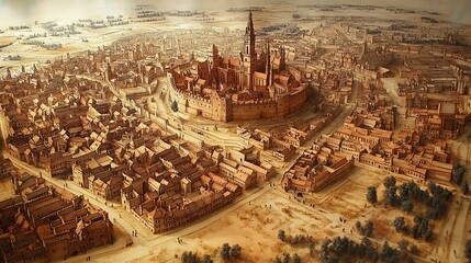 Urban palimpsest survey of old town centers showing historic layering patterns medieval street grid reconstructions and organic spatial morphology