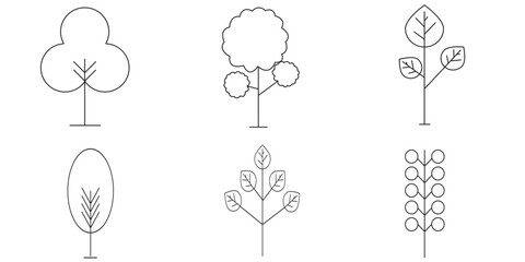 Tree and Forrest Icons Symbols. Tree vector set. Linear icon collection. Forest, park and garden trees isolated sign pack. 
