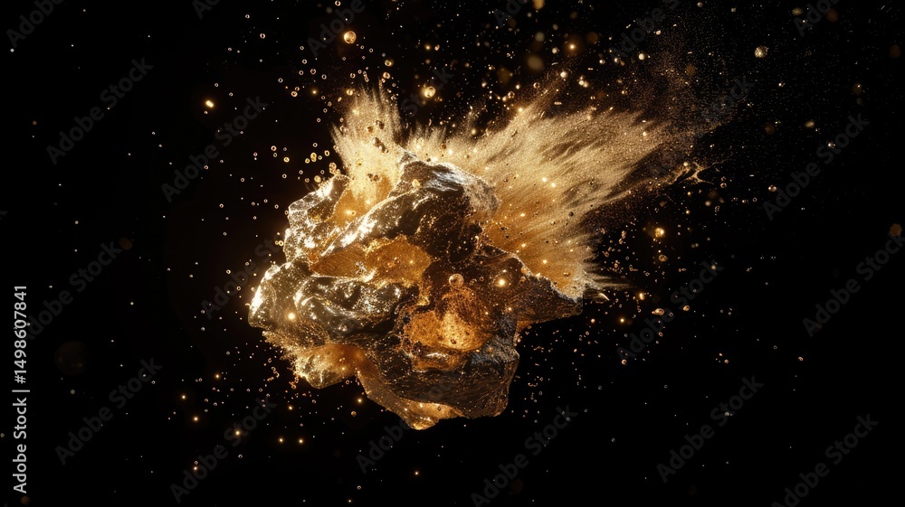 Poster this image features an abstract golden object floating in a black background, creating a dynamic spl