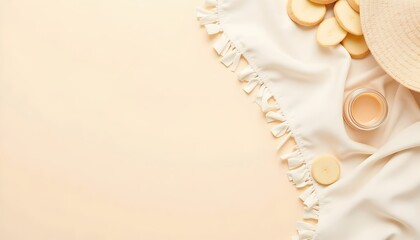 Soft neutral tone flat lay with linen beachwear, sun balm