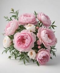 Delicate pink peonies & roses bouquet  White background  Copy space ,  image,  fresh,  botanical