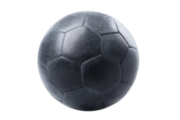 Black textured soccer ball with hexagonal panels on black background, cut out