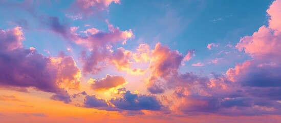 Obraz premium Vibrant sunset sky with golden sun rays and multicolor cloud formations, ideal for travel websites, social media banners, and nature-themed branding projects. 