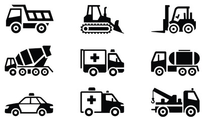 Collection of black and white vehicle icons dump truck bulldozer forklift cement mixer ambulance tanker tow truck police car © vector Art