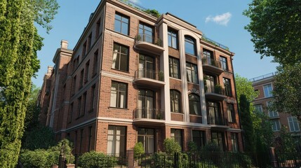 Fototapeta premium Elegant red brick apartment building with balconies and landscaping