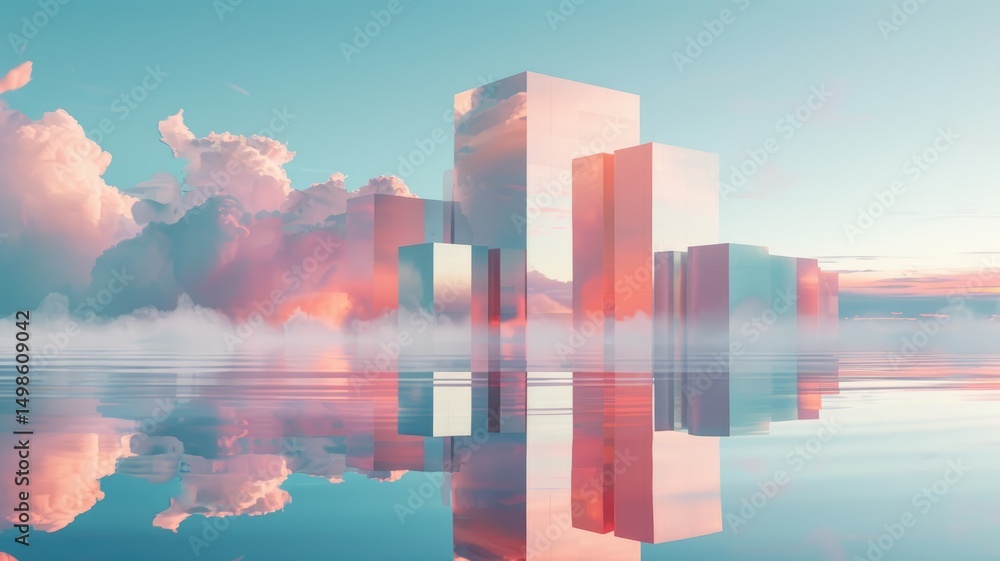 Poster This abstract image captures a modern digital world with reflective blocks and ethereal clouds, creating a serene and futuristic atmosphere for creative projects.