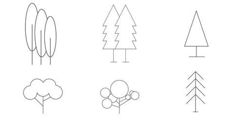 Tree and Forrest Icons Symbols. Tree vector set. Linear icon collection. Forest, park and garden trees isolated sign pack. 