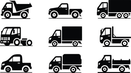 Collection of black silhouettes various trucks and vehicles