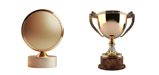 set of Gold and bronze trophies displayed on a transparent background.