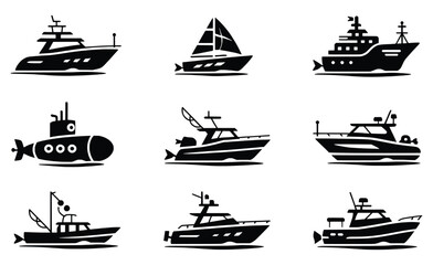 Collection of black silhouettes various watercraft boats ships yachts
