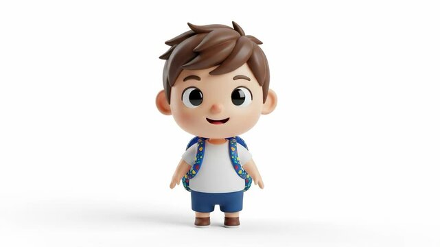3D Cute Cartoon Boy With a Backpack Walking and Smiling Toward Camera on White background