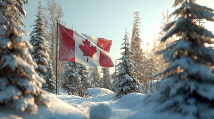 Canadian Flag Flutters among Snowy Pine Trees in Winter Wonderland