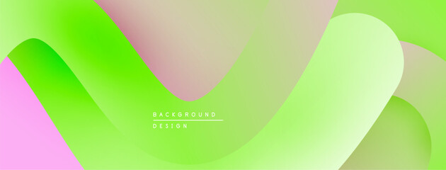 Abstract vibrant layers create flowing shapes. Soft gradients blend pink, green, beige tones. Modern design element for backgrounds.