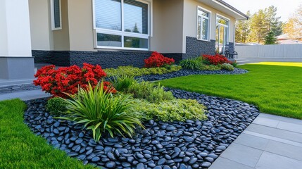 Modern landscaping design featuring meticulously manicured lawns, vibrant flowers, and decorative rocks