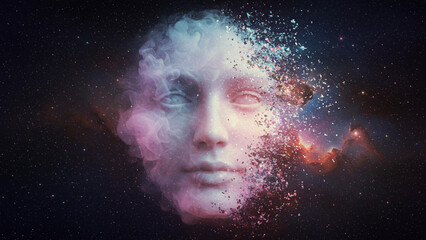 Fading Female Face Dissolving into Colorful Cosmic Dust in Outer Space