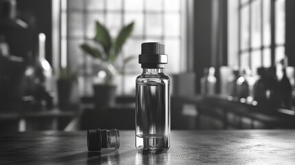 Glass Bottle with Liquid and Black Cap on Gray Surface