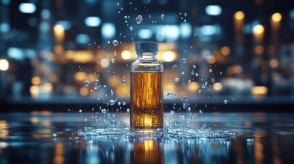 Glass Bottle with Liquid and Water Droplets on Reflective Surface