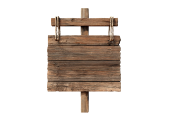 Rustic wooden sign with rope hanging on wooden post, cut out