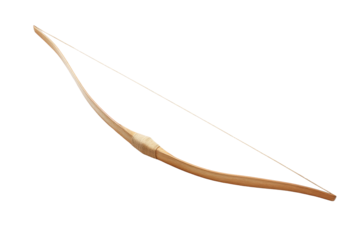 Traditional wooden archery bow with strung bowstring on black background, cut out