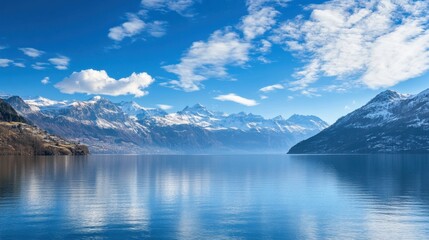 Obraz premium A breathtaking view of a serene lake bordered by majestic mountains under a bright blue sky. Perfect for showcasing natural beauty and tranquility.