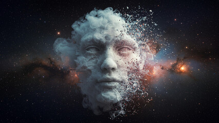 Disintegrating Stone Face Floating in Deep Space Amid Cosmic Dust and Stars