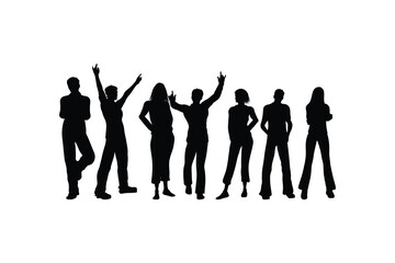Vector Silhouette Set of Men and Women Standing in Various Poses Including Profiles and Raised Hands Business Group Illustration in Black Isolated on White Background