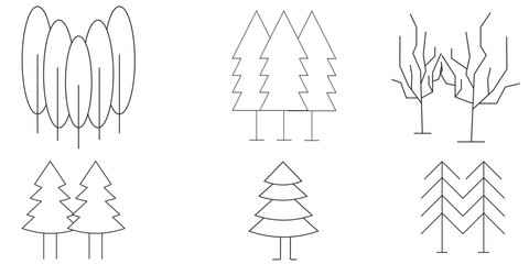 Tree and Forrest Icons Symbols. Tree vector set. Linear icon collection. Forest, park and garden trees isolated sign pack. 