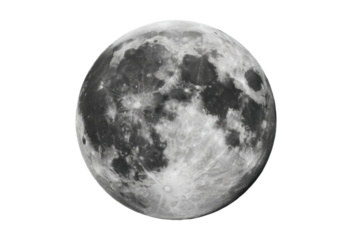 Detailed full moon against black sky capturing lunar features, cut out