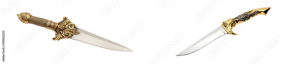Poster set of ornate gold-handled swords displayed on a light gray surface. isolated on transparent backgro