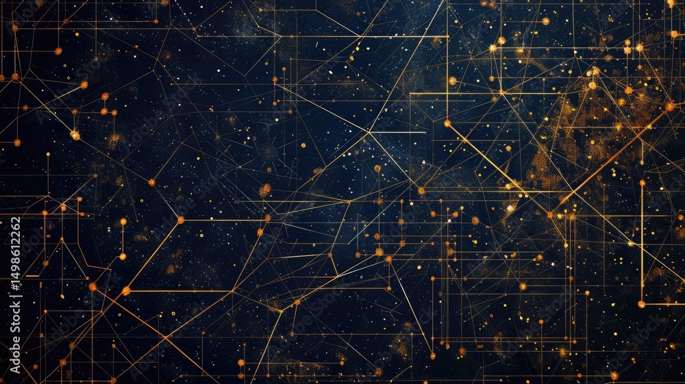 Poster this image features a dark, abstract pattern with golden lines and dots, evoking a sense of technolo