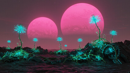 Bioluminescent Alien Flora Thriving Beneath Twin Pink Moons on an Extraterrestrial World