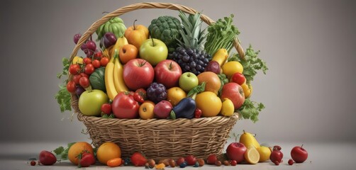 Vibrant colorful fruits and vegetables overflowing from a basket ,  food,  natural