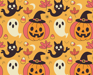 Naklejka premium halloween seamless pattern, halloween, pumpkin, vector, autumn, pattern, illustration, seamless, orange, set, holiday, icon, october, celebration, design, cartoon, horror, spooky, fun, face, art, seas