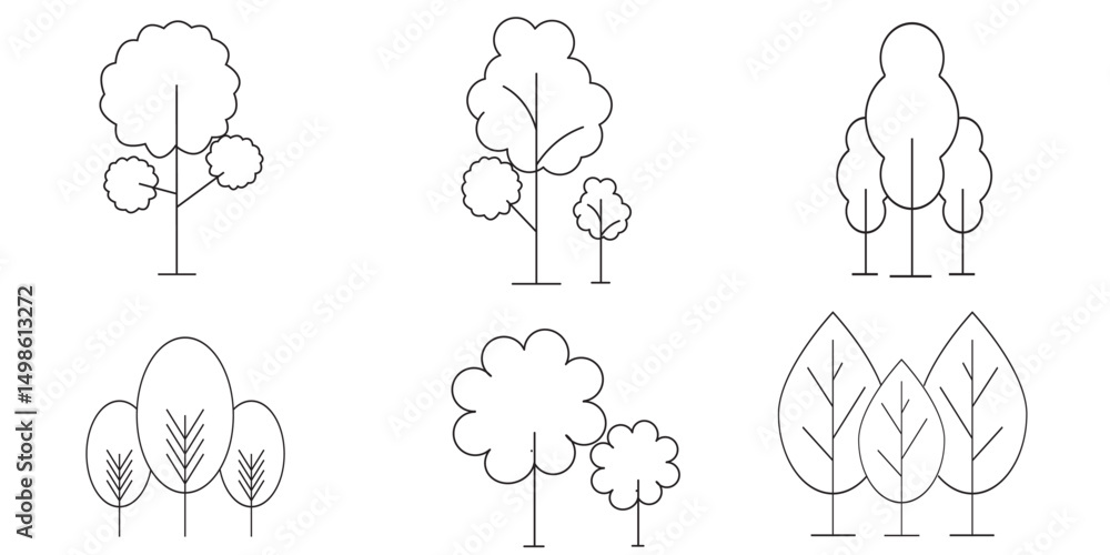 Poster tree and forrest icons symbols. tree vector set. linear icon collection. forest, park and garden tre