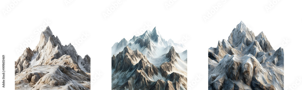 Poster set of digital renderings of snow-capped mountain peaks. isolated on transparent background