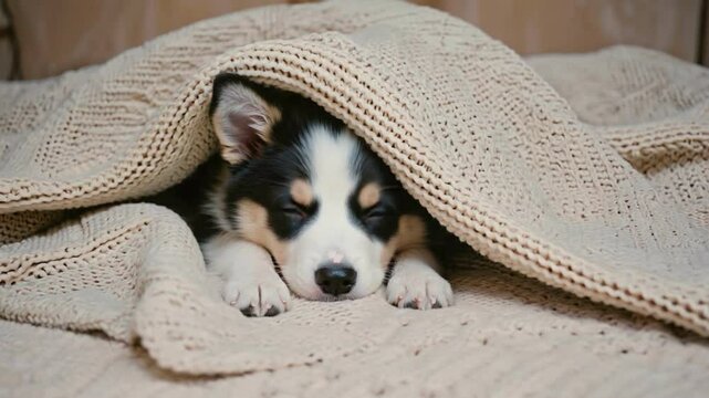 Cozy Canine Comfort: A sleepy puppy rests soundly under a soft, knitted blanket, its peaceful expression and comfortable setting evoke feelings of warmth and security.