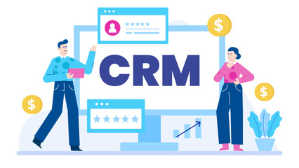 Crm concept with two people and dollar signs great for business presentations and marketing materials related to customer relationship management.