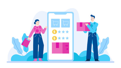 Man delivering a package to a woman, suitable for illustrating delivery services, courier companies, online shopping, client receiving goods.