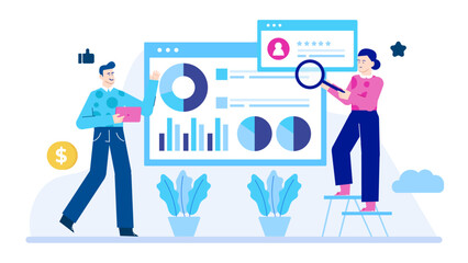 Two people analyzing data on a computer screen. Suitable for business presentations, marketing materials, technology concepts, teamwork visuals.