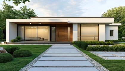 Modern one-storey house with flat roof, white stucco, wood accents, and pathway 3. Generative AI